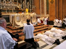 The prostration of the ordinandi during the Litany of the Saints at Santissima Trinità dei Pellegrini, the FSSP's parish in Rome, June 22, 2013.